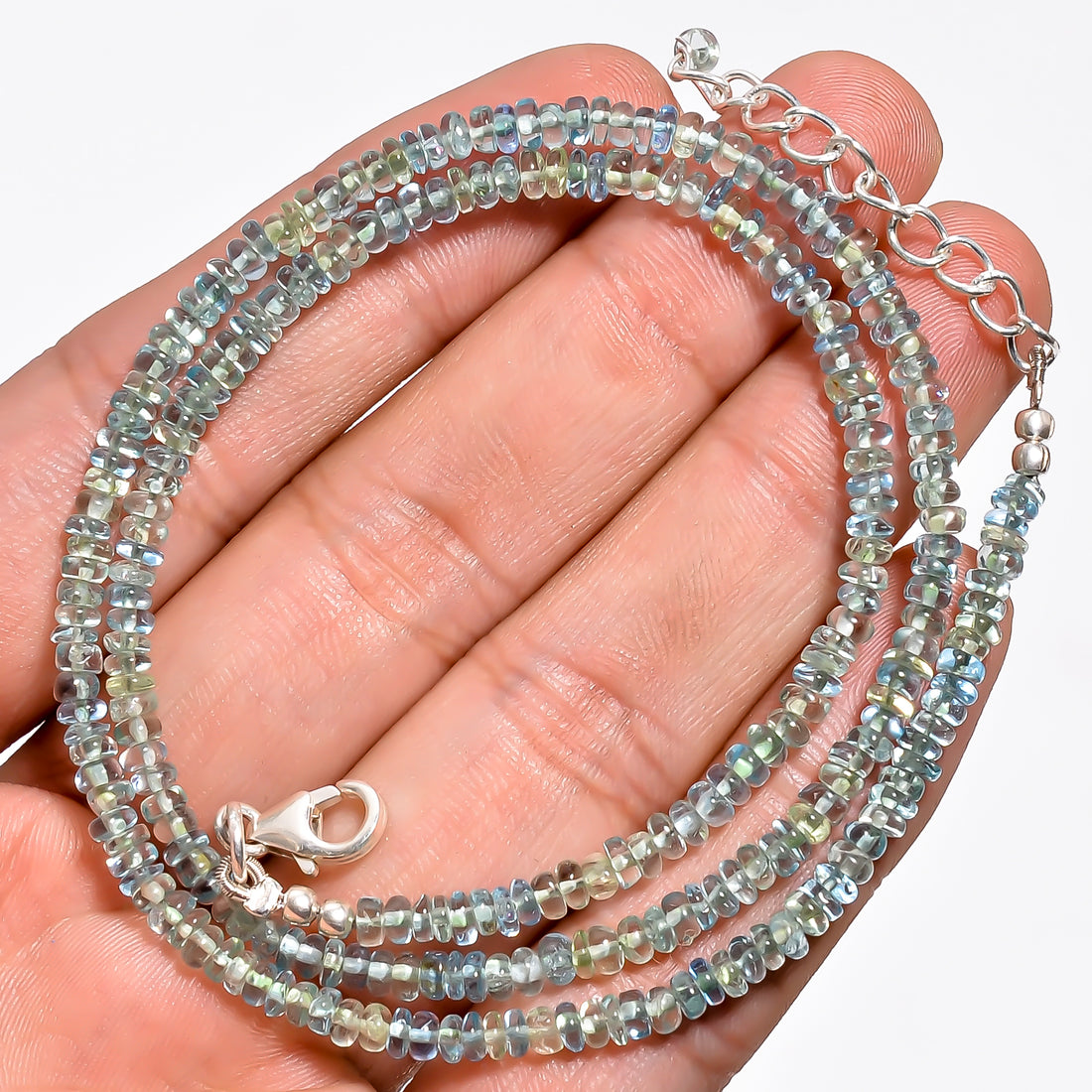 Blue Green Apatite Natural Gemstone Rondelle Shape Smooth Necklace 17-19" Beads 3X3X2 mm, 54 Ct. YN-378