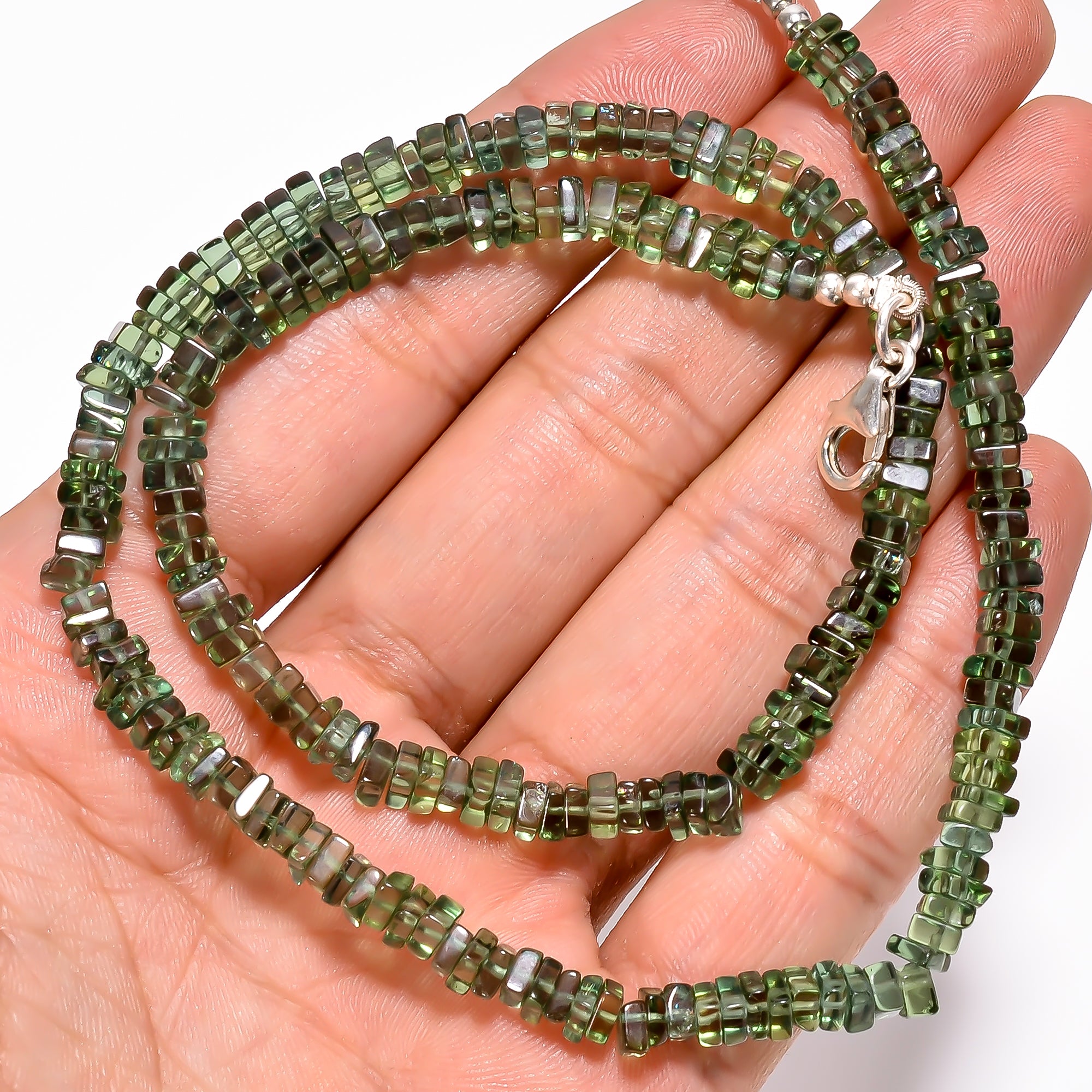 Green Apatite Natural Gemstone Square Heishi Shape Smooth Necklace 17-19" Beads 3X3 4X4 mm, 104 Ct. YN-379