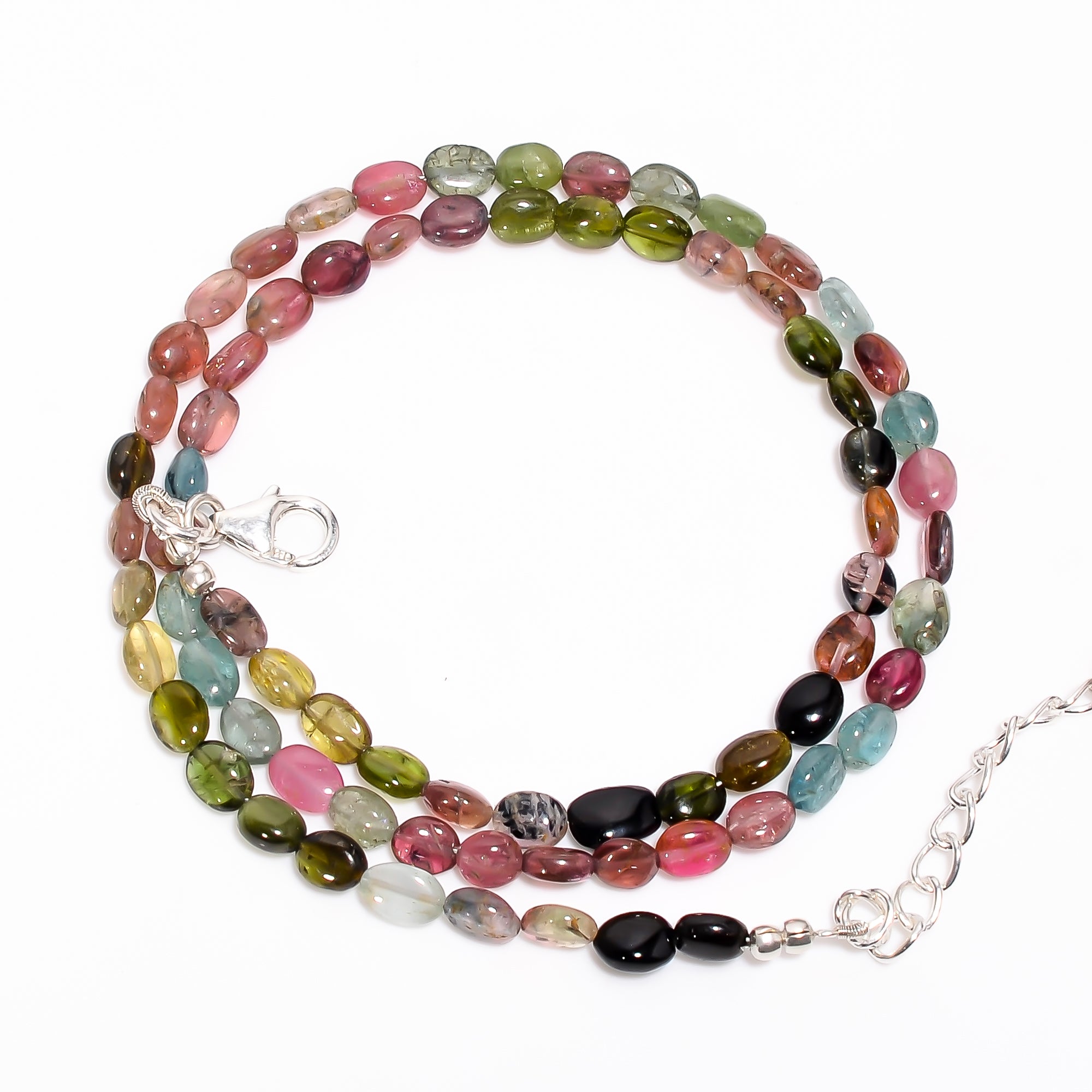Multi Tourmaline Natural Gemstone Oval Shape Smooth Necklace 17-19" Beads 5X4 7X5 mm, 56 Ct. YN-394