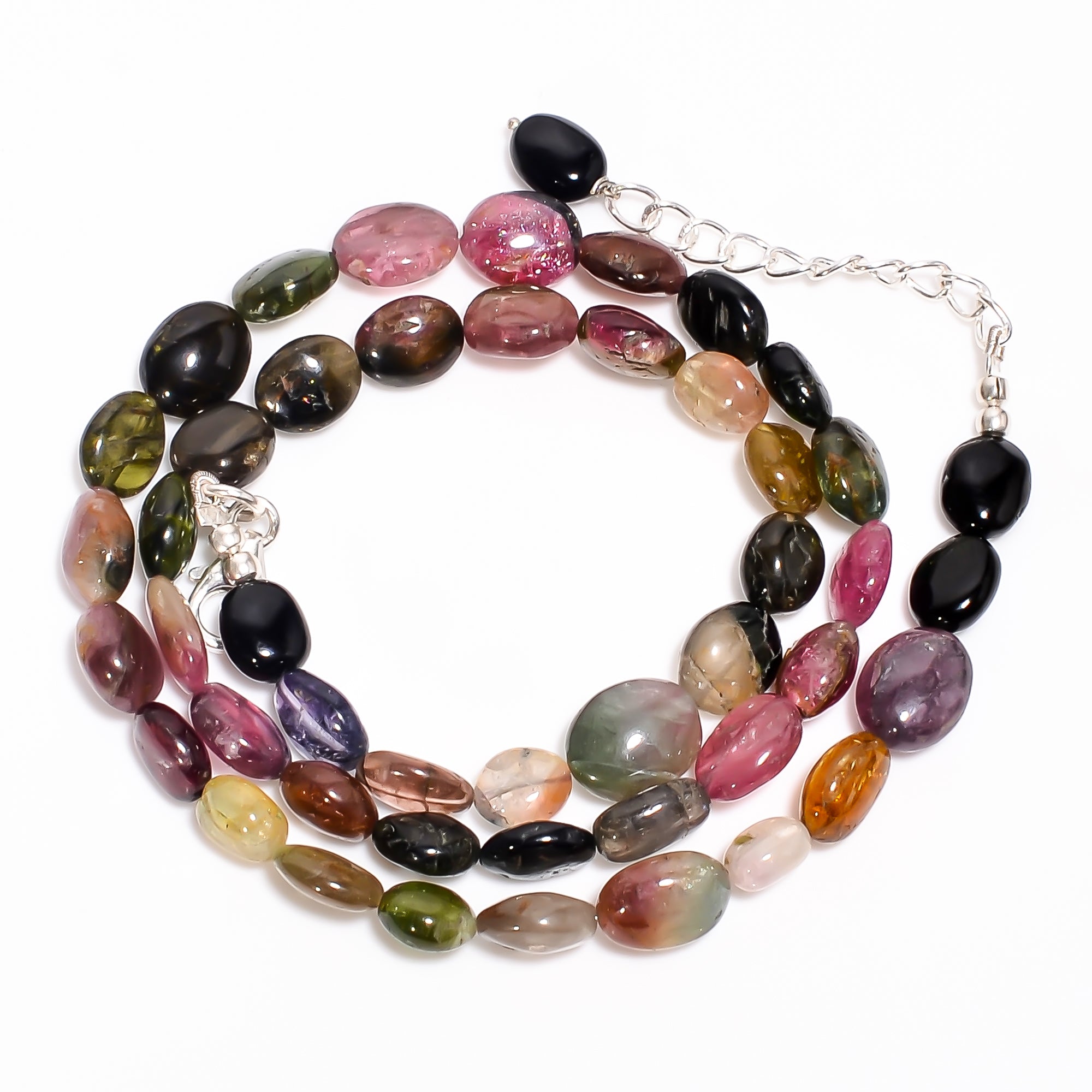 Multi Tourmaline Natural Gemstone Oval Shape Smooth Necklace 17-19" Beads 7X6 10X9 mm, 125.5 Ct. YN-395