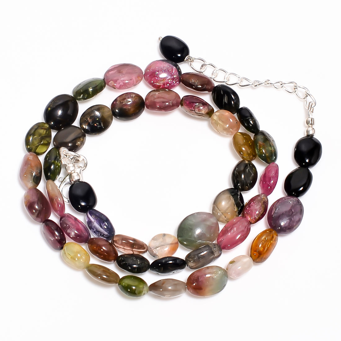 Multi Tourmaline Natural Gemstone Oval Shape Smooth Necklace 17-19" Beads 7X6 10X9 mm, 125.5 Ct. YN-395