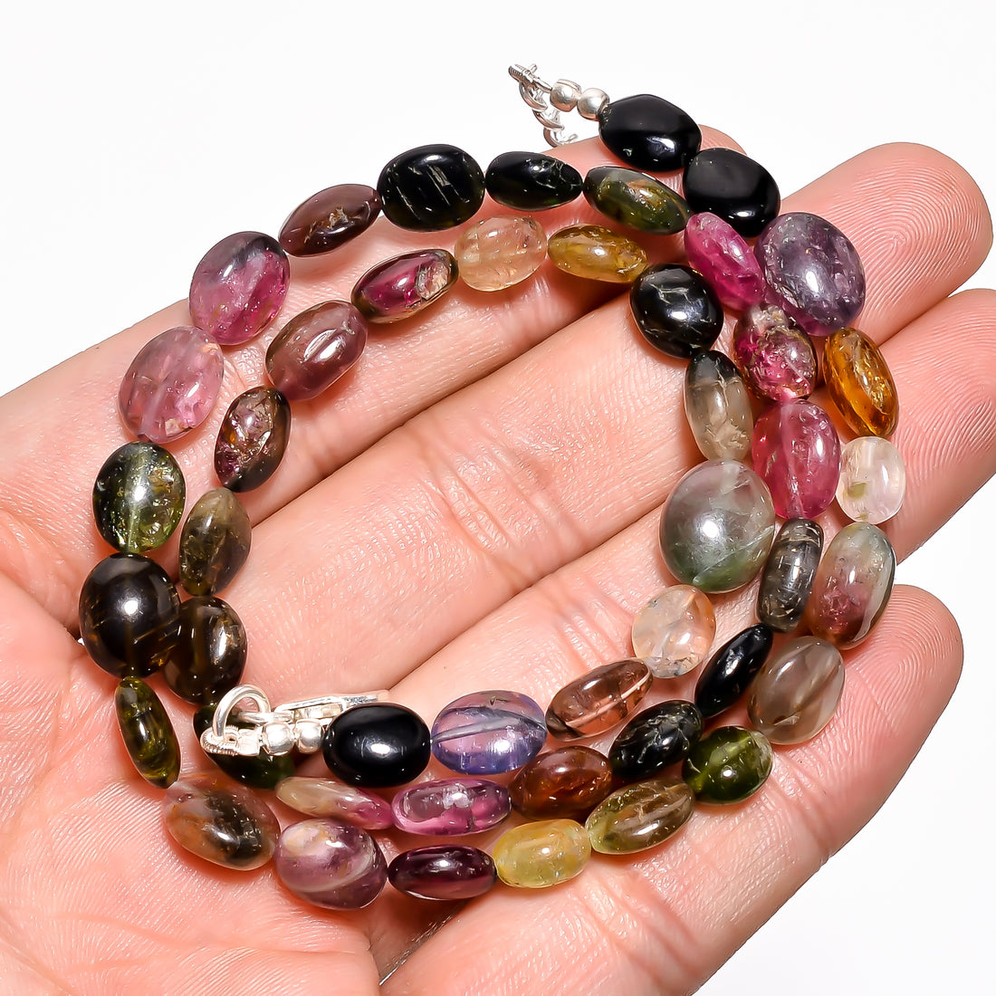 Multi Tourmaline Natural Gemstone Oval Shape Smooth Necklace 17-19" Beads 7X6 10X9 mm, 125.5 Ct. YN-395
