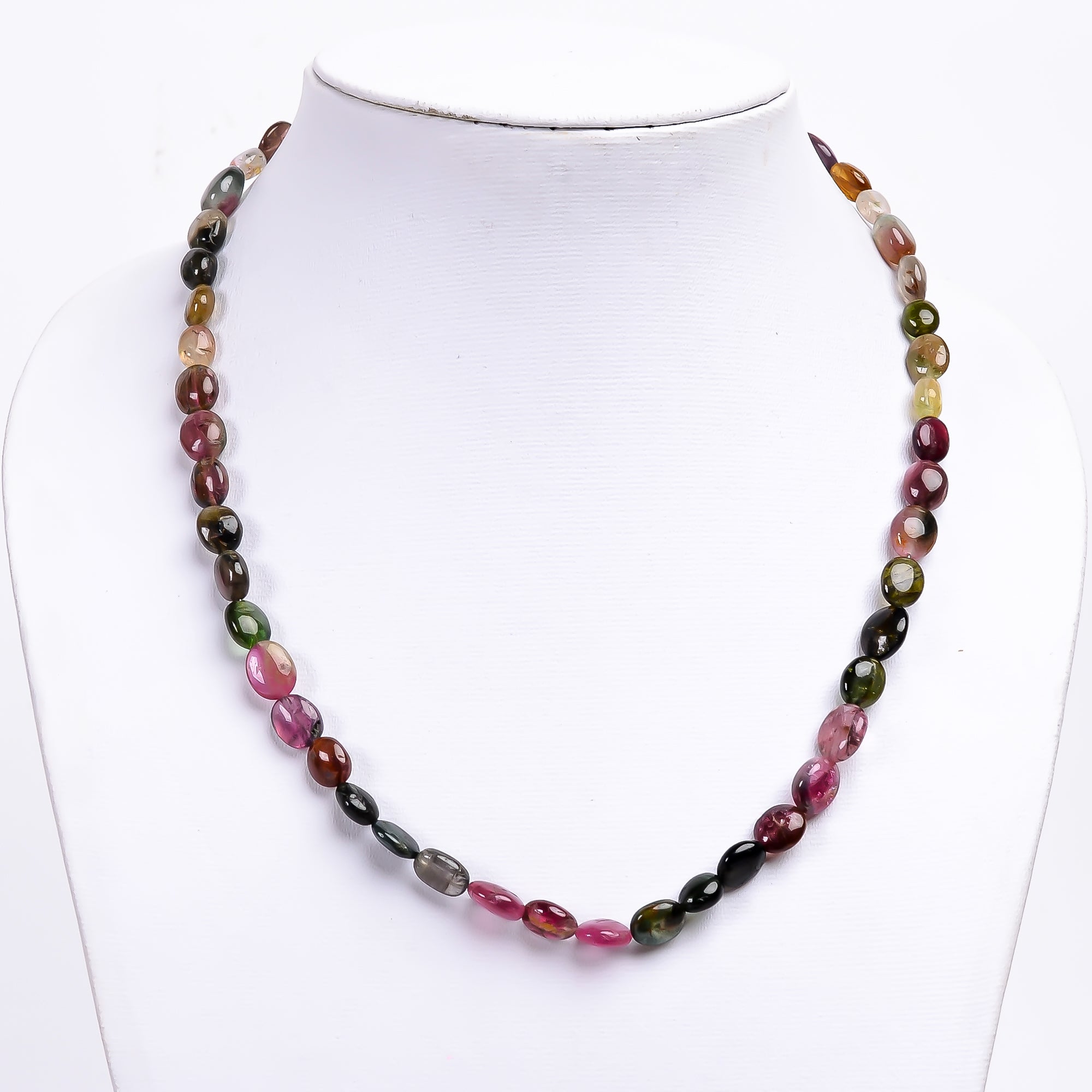 Multi Tourmaline Natural Gemstone Oval Shape Smooth Necklace 17-19" Beads 7X6 10X9 mm, 125.5 Ct. YN-395