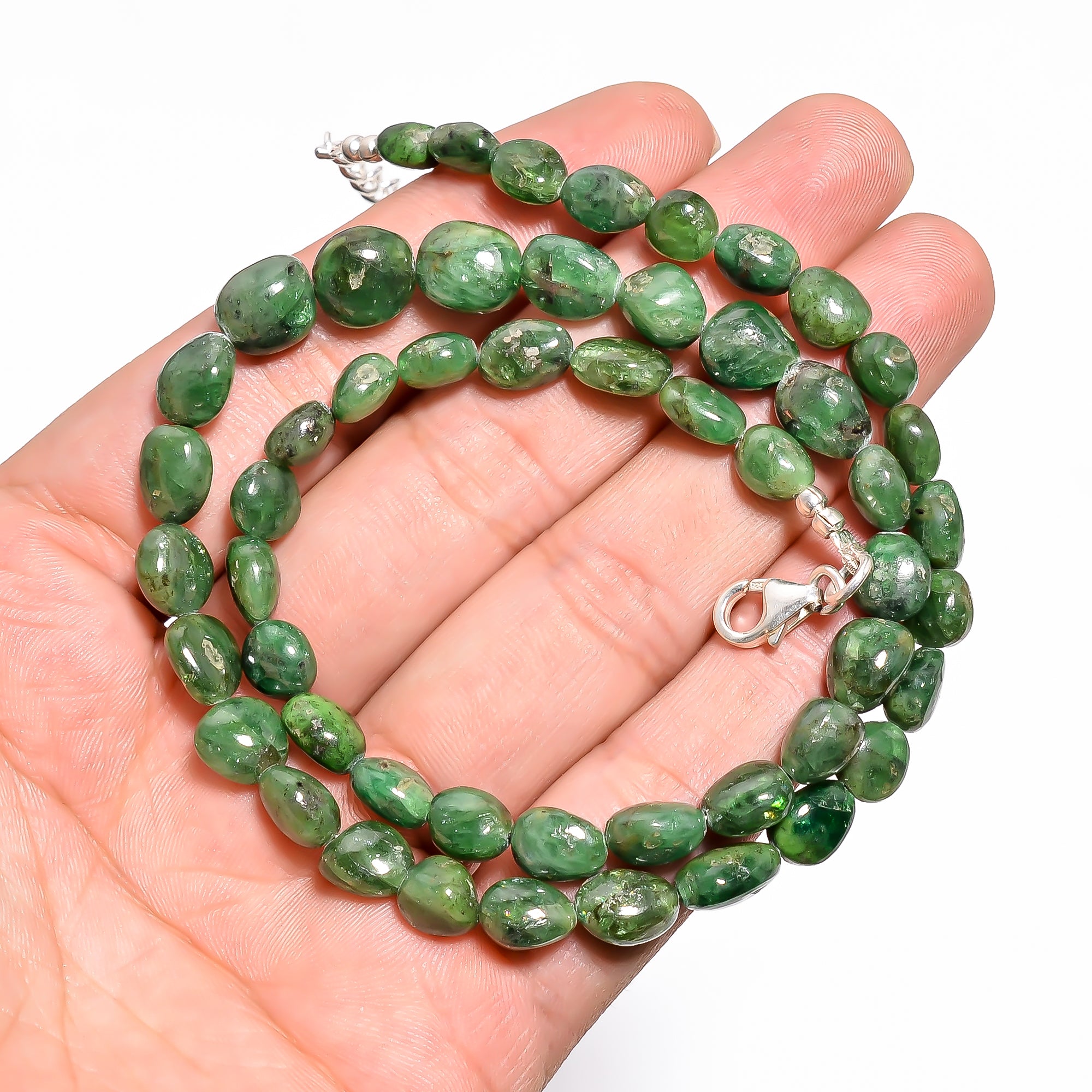 Tsavorite Natural Gemstone Tumbled Shape Smooth Necklace 17-19" Beads 6X5 8X8 mm, 152 Ct. YN-410