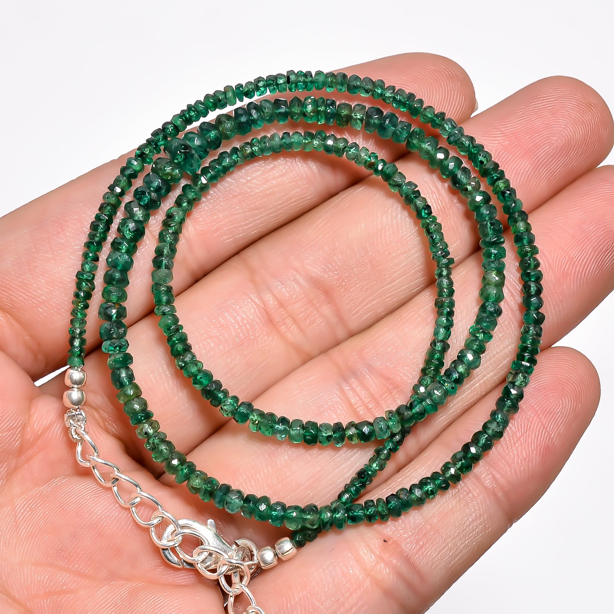 Emerald Natural Gemstone Rondelle Shape Faceted Necklace 17-19" Beads 3X3X2 mm, 35 Ct. YN-413