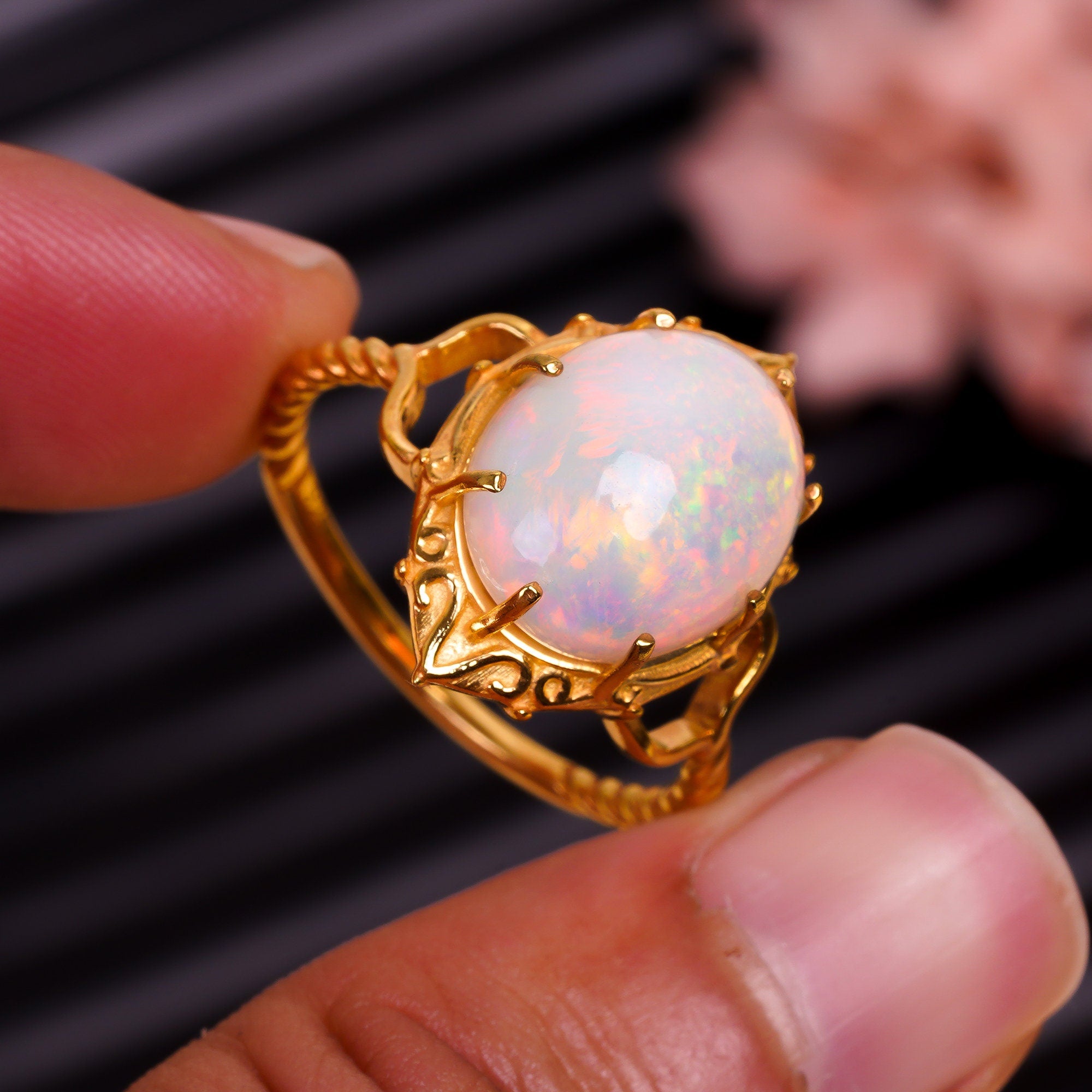natural ethiopian opal oval shape ethnic handmade ring 925 sterling 14k gold plated ring 3 micron 9 75 us 4 2 gms y 7774