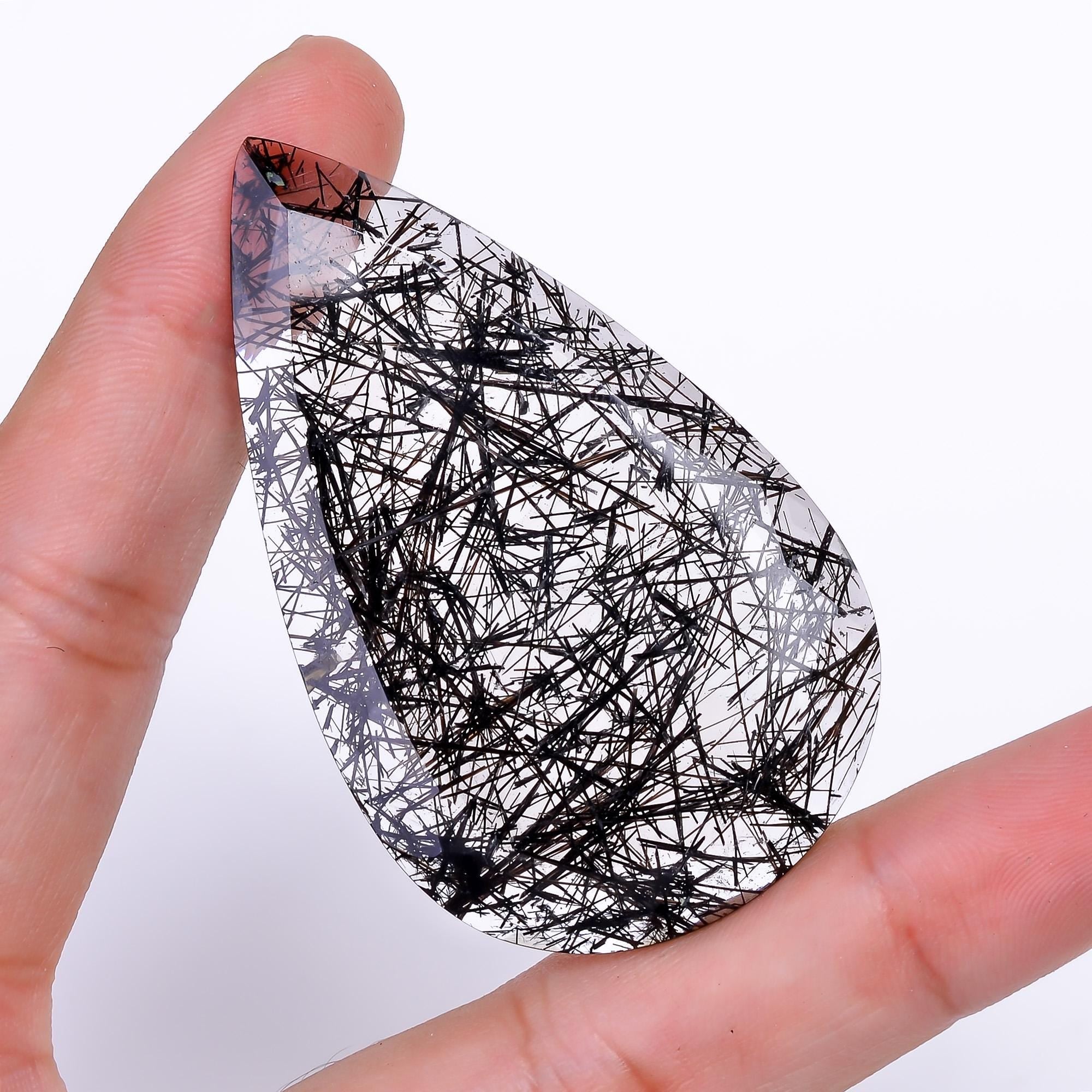 black rutile quartz both side flat cut pear shape cut stone loose gemstone