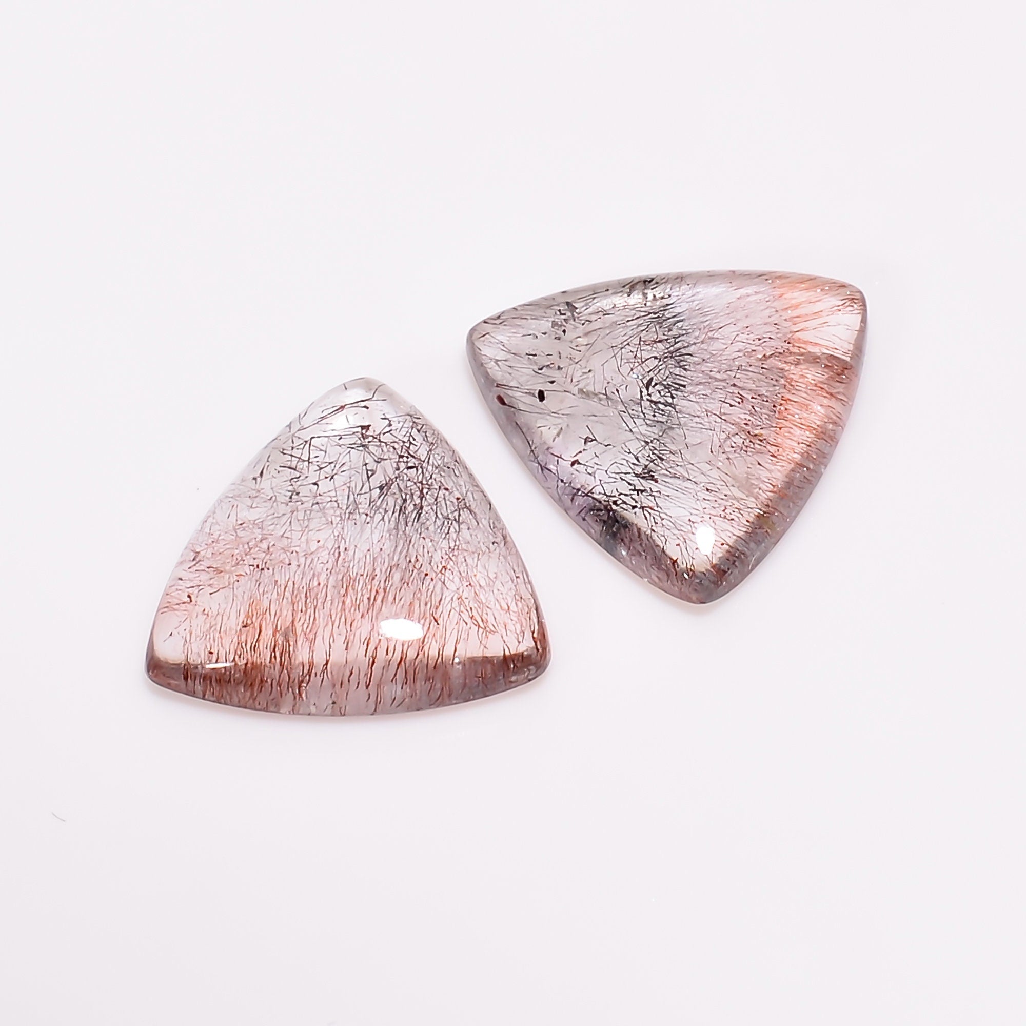 elestial quartz with lepidocrocite trillion shape cabochon natural loose gemstone pair