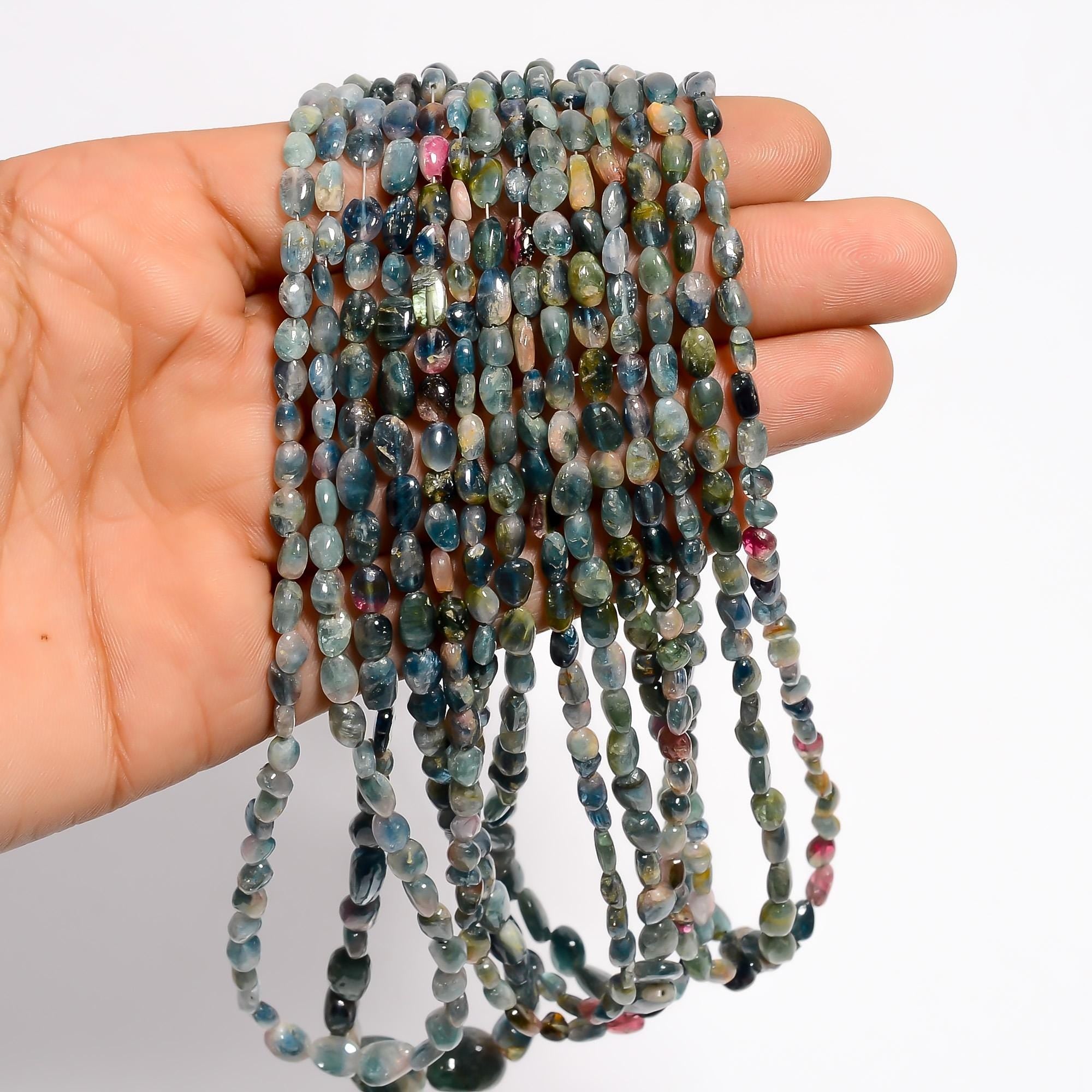 bio tourmaline natural gemstone tumbled shape smooth 7 lines strand 16 beads 5x4 12x9 mm 300 5 ct yn 510