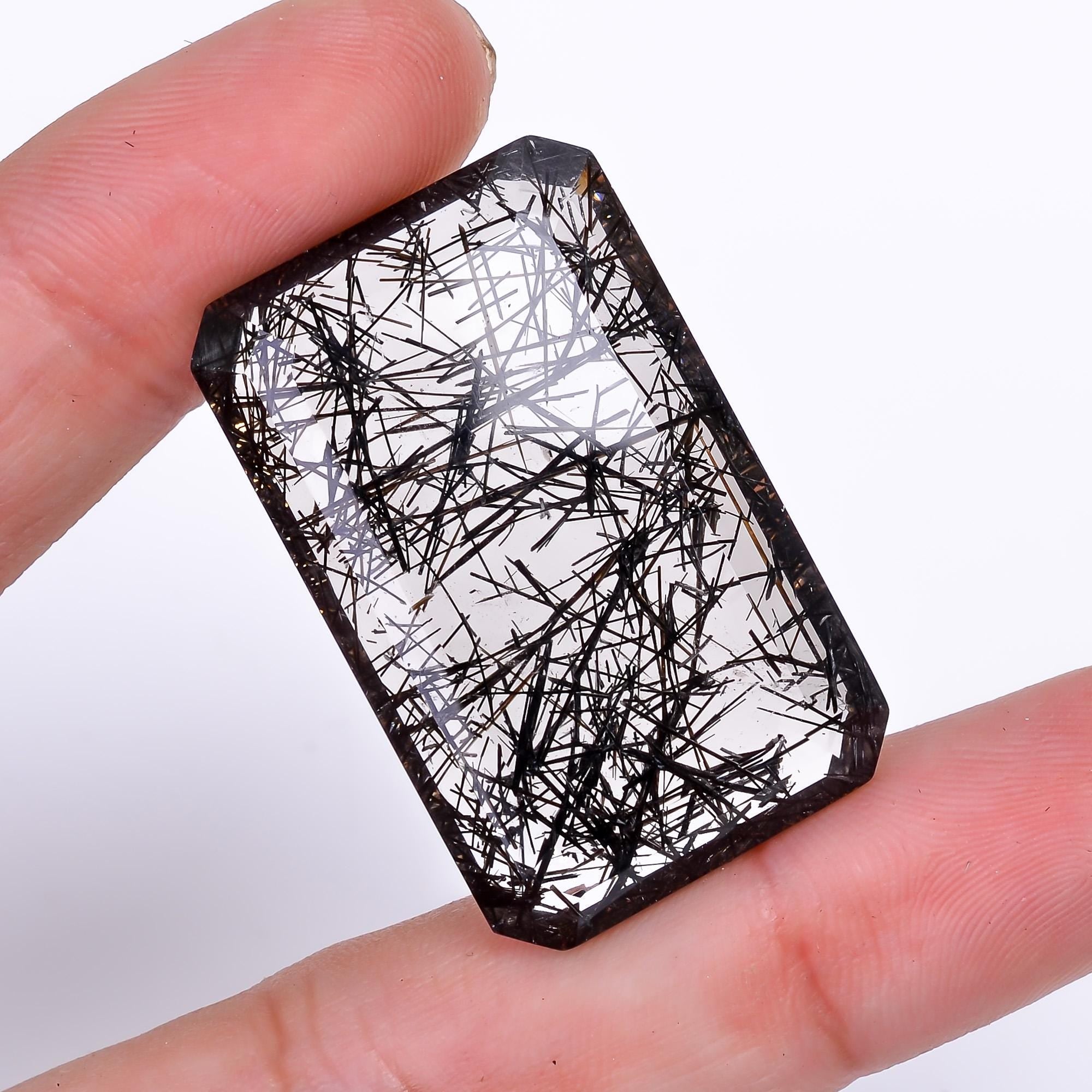 black rutile quartz both side flat cut radiant shape cut stone loose gemstone