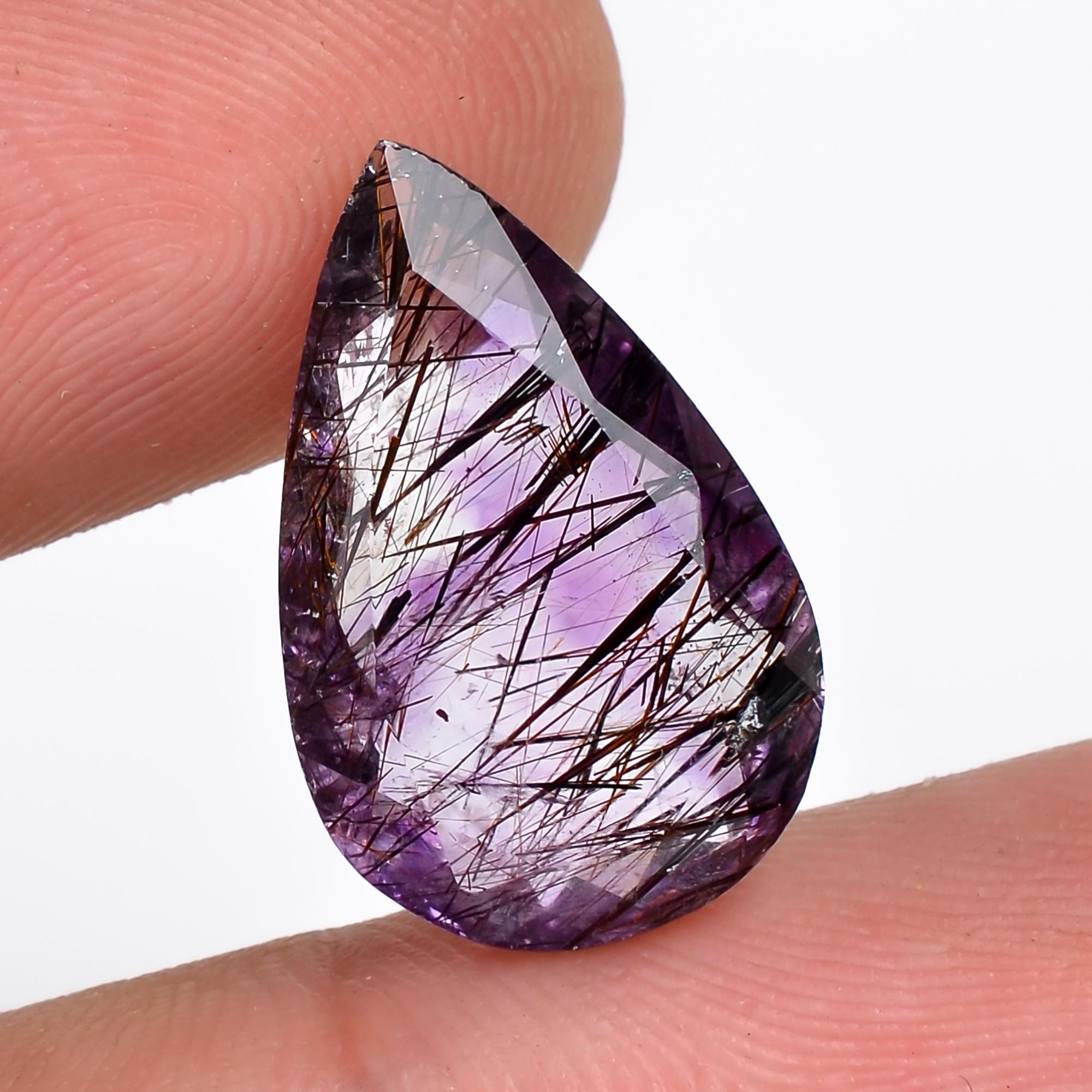 amethyst with cacoxenite natural quartz pear shape cut stone loose gemstone