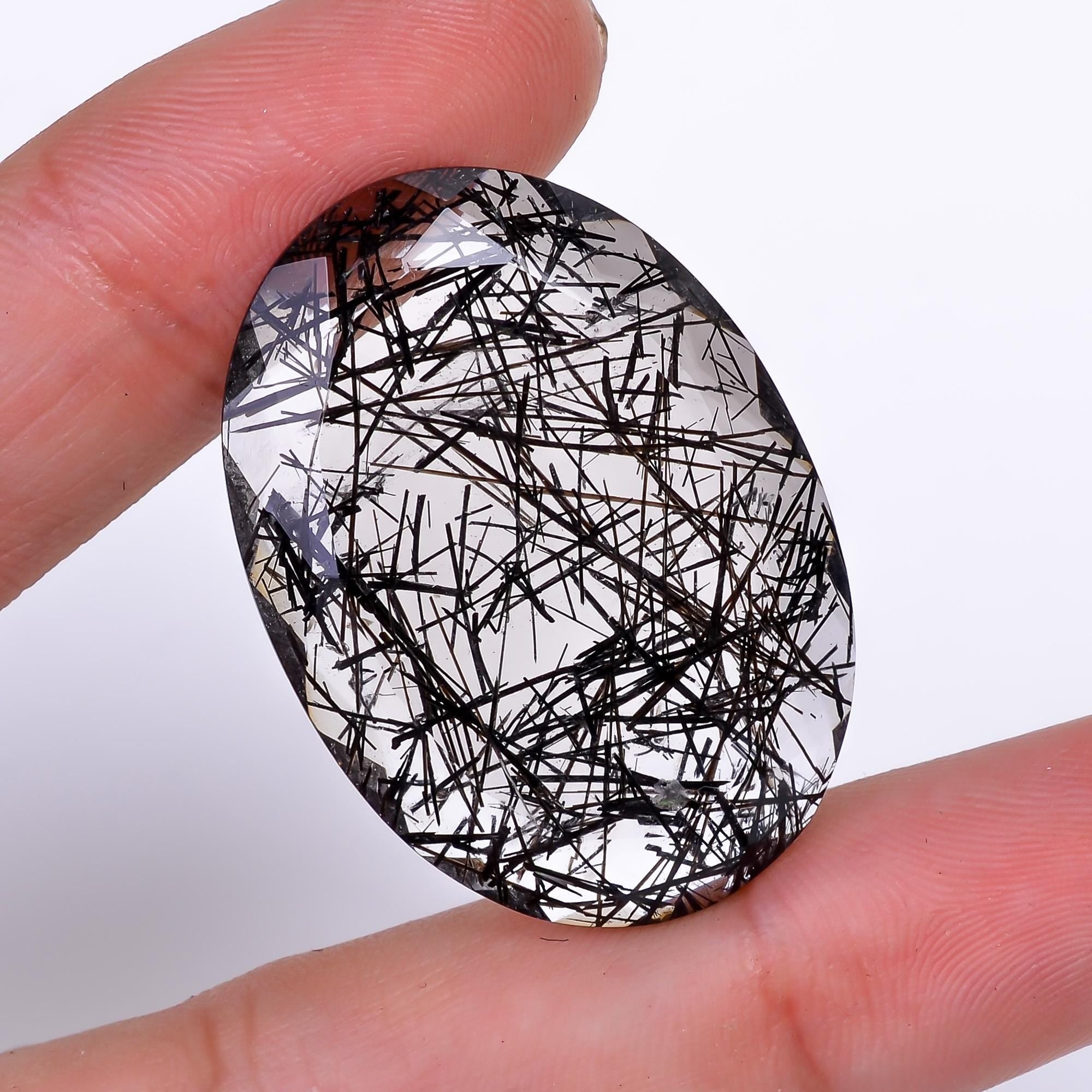 black rutile quartz both side flat cut oval shape cut stone loose gemstone