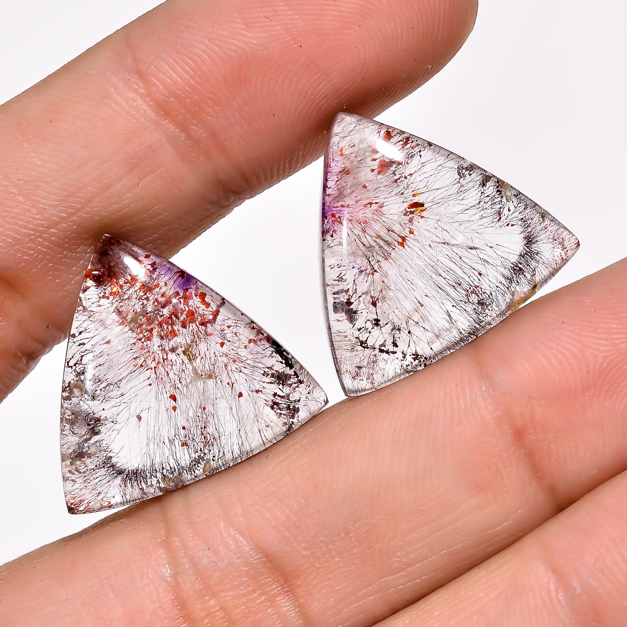 elestial quartz with lepidocrocite and amethyst triangle shape cabochon natural gemstone pair