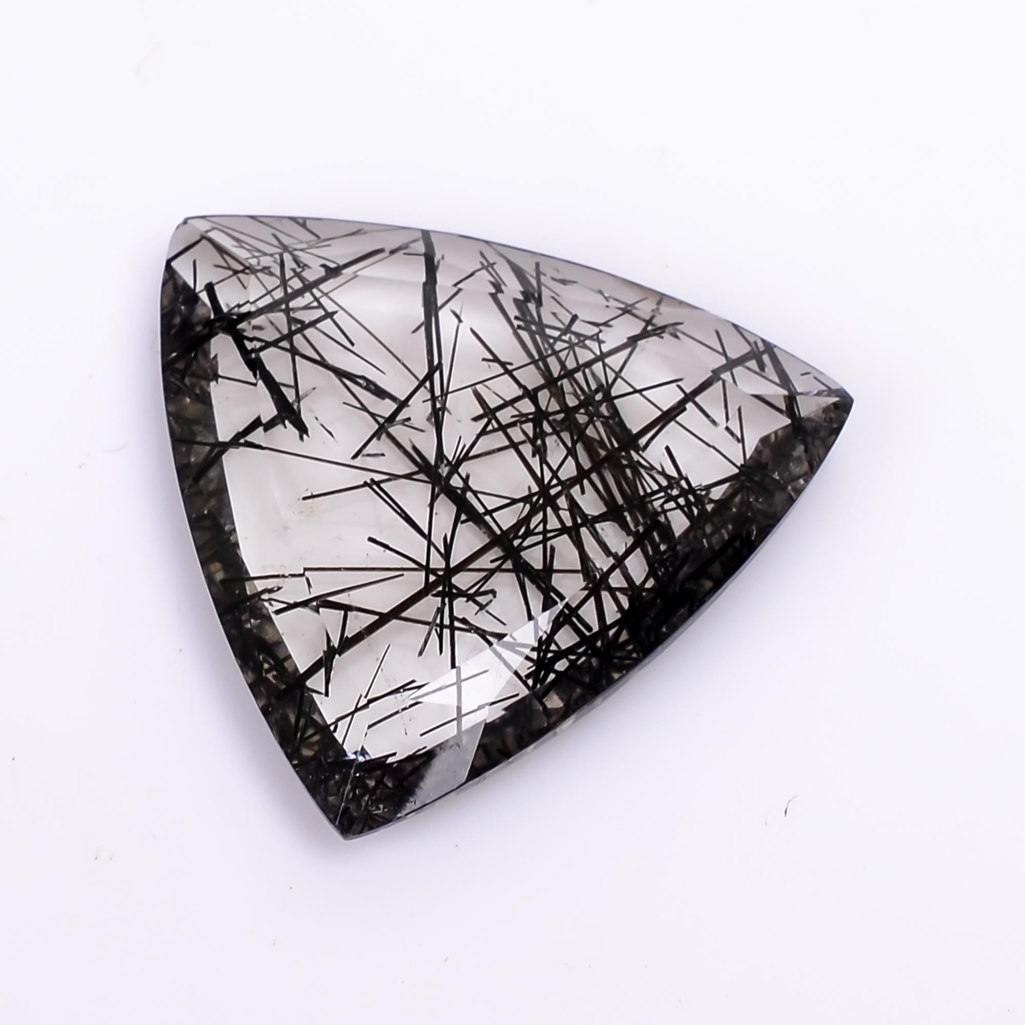 black rutile quartz both side flat cut trillion shape cut stone loose gemstone