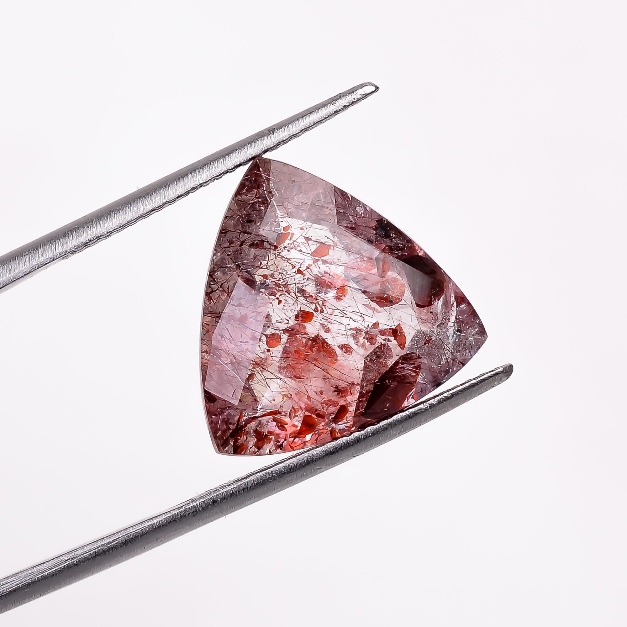 elestial quartz with lepidocrocite hematite trillion shape faceted loose gemstone