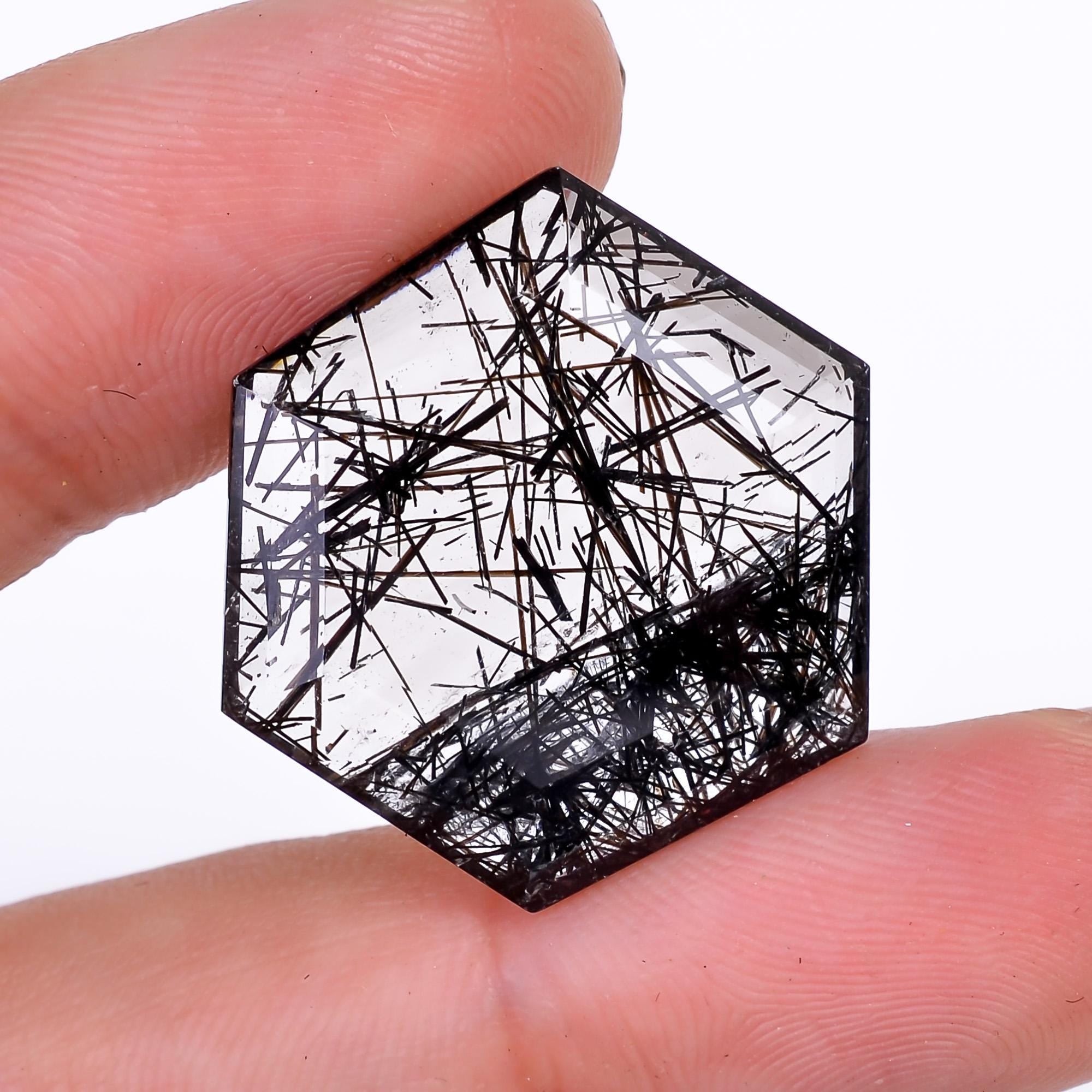 black rutile quartz both side flat cut hexagon shape cut stone loose gemstone