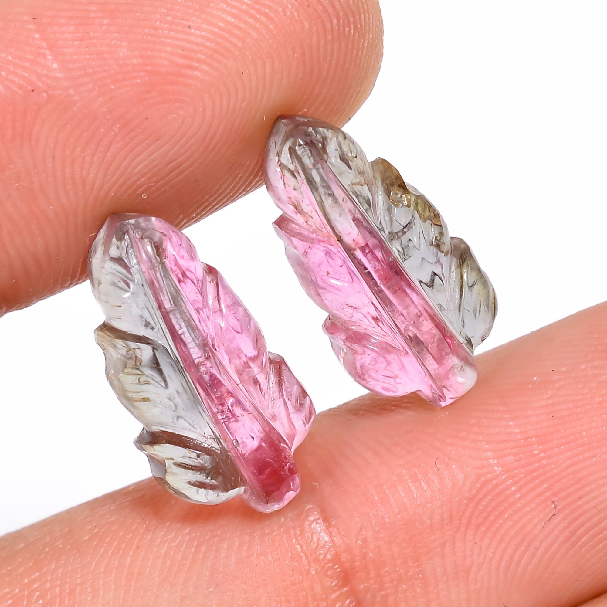 natural bio tourmaline leaf shape carved loose gemstone pair