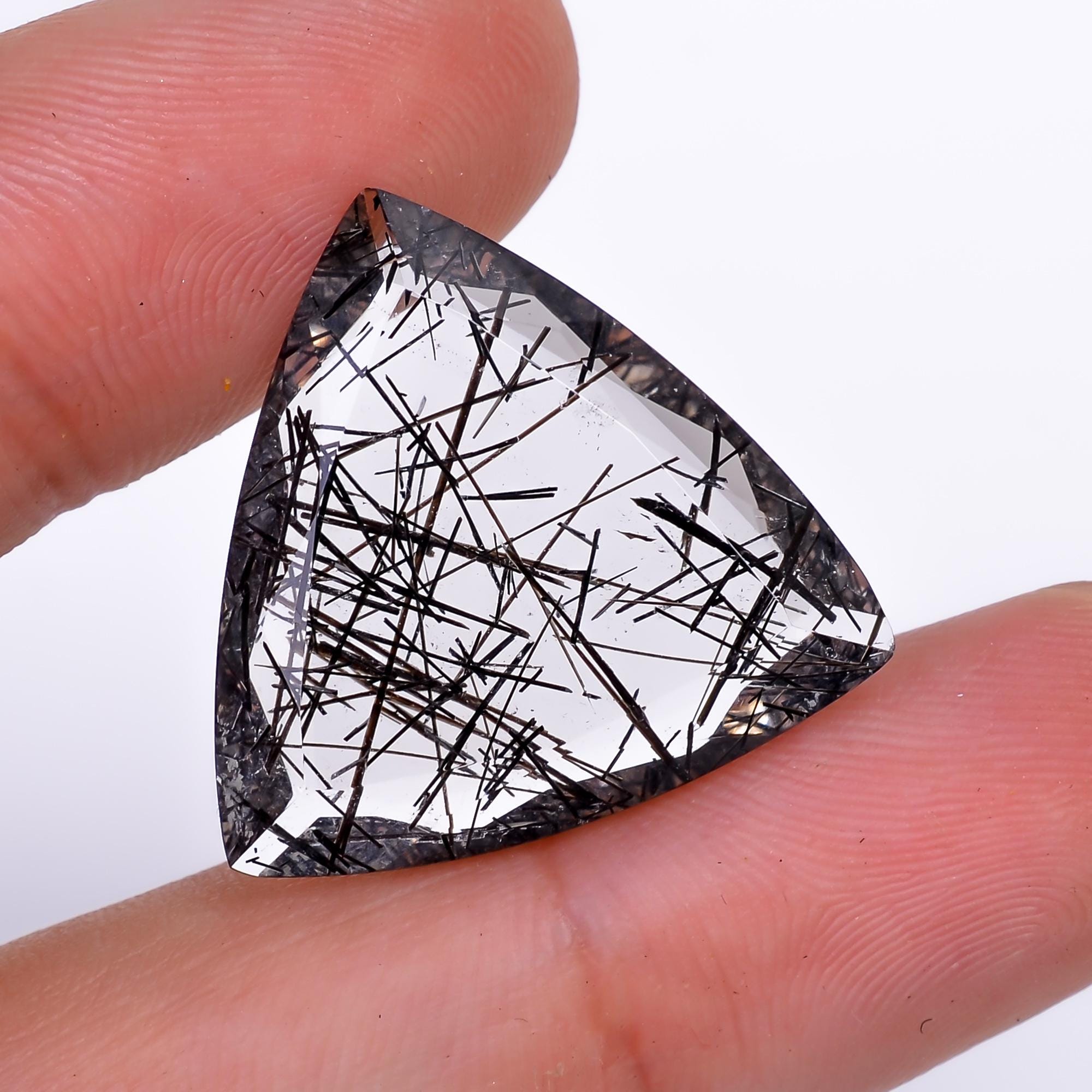 black rutile quartz both side flat cut trillion shape cut stone loose gemstone