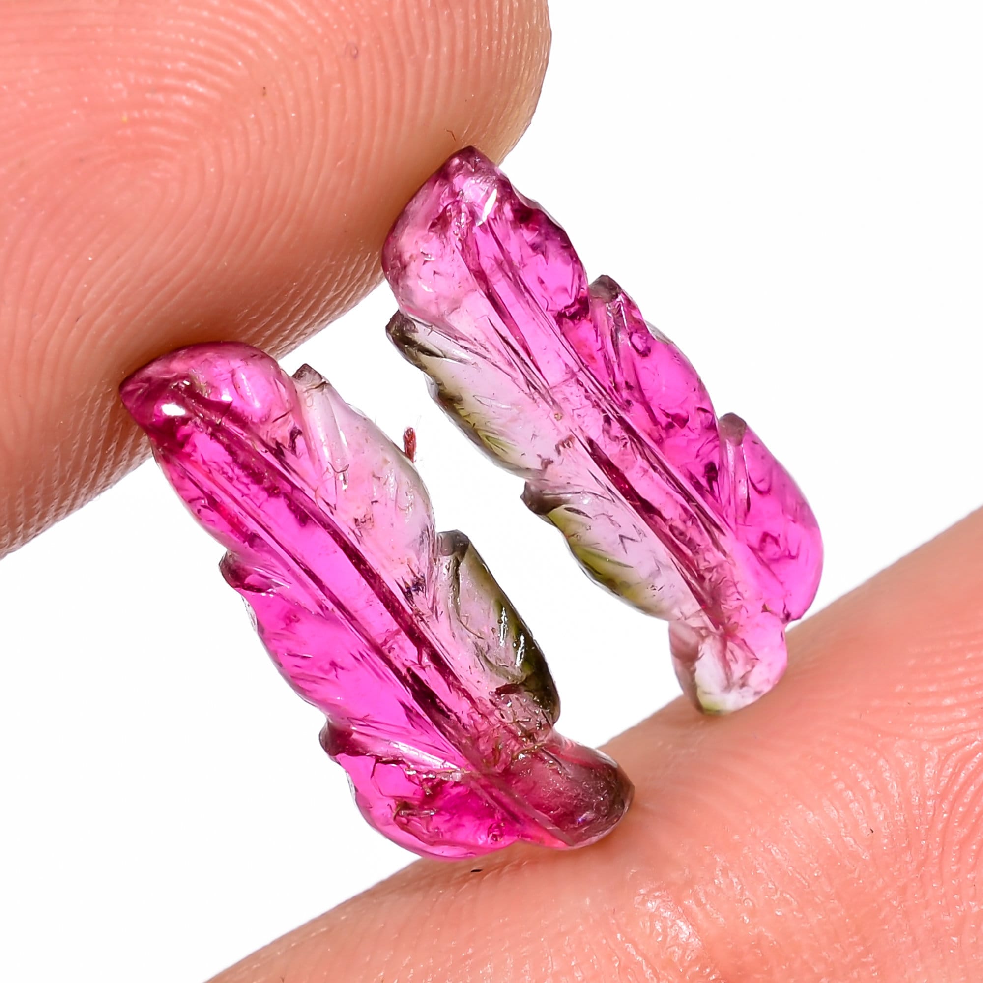 natural bio tourmaline leaf shape carved loose gemstone pair