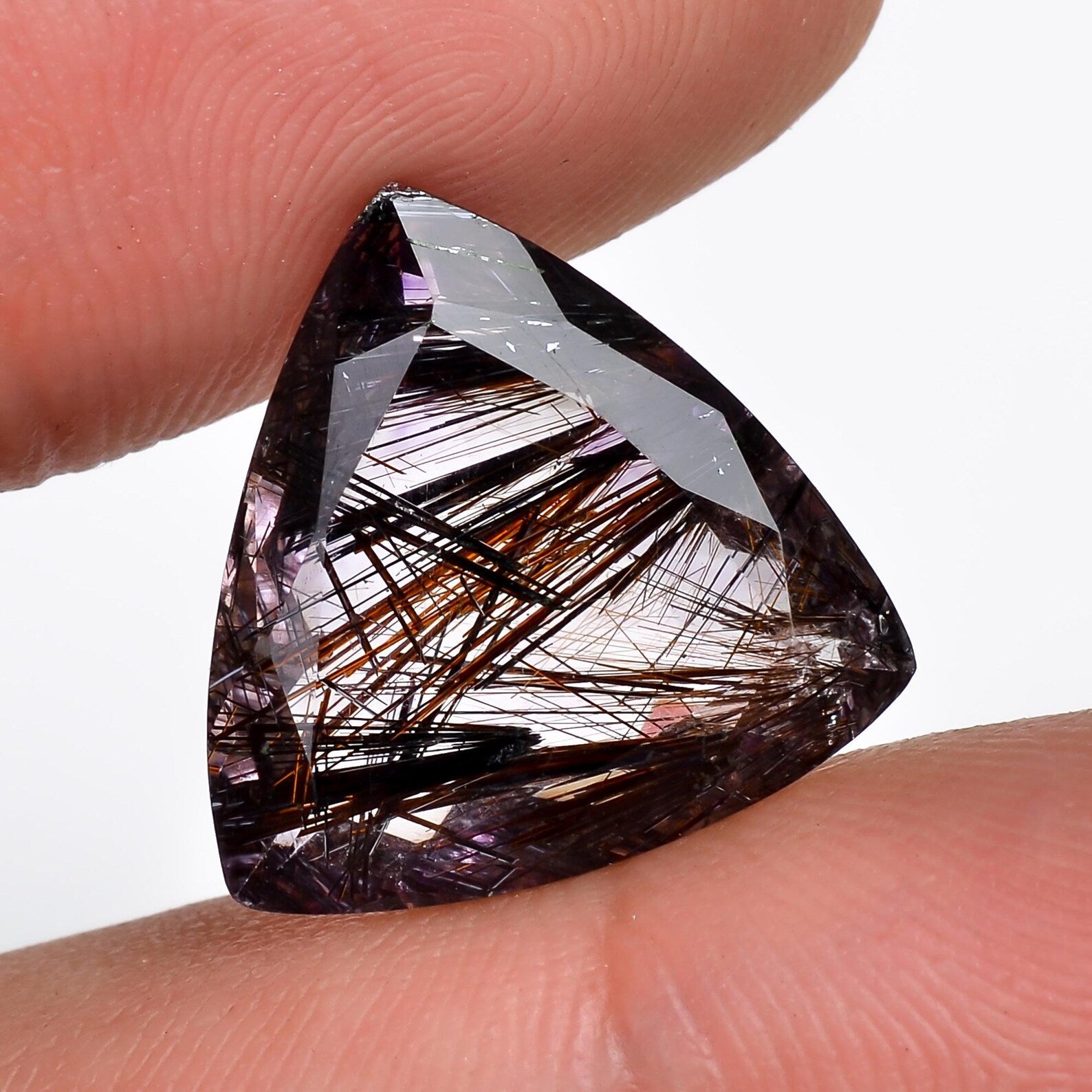 amethyst with cacoxenite natural quartz trillion shape cut stone loose gemstone